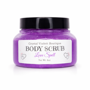 Love Spell scented Body Scrub in a plastic container with black lid.