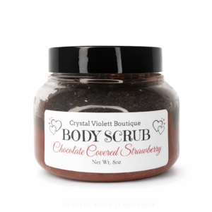 Chocolate Covered Strawberry scented body scrub in a plastic container with black lid