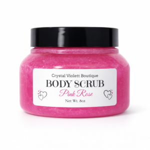 Pink Rose scented body scrub in a plastic container with black lid.